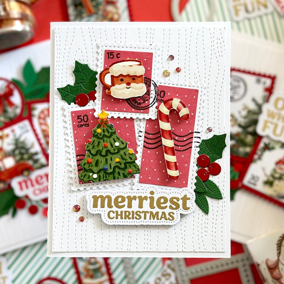 Christmas card using reindeers journey tapes and Waffle flowers 'merriest Christmas' text, surrounded by more Christmas cards.