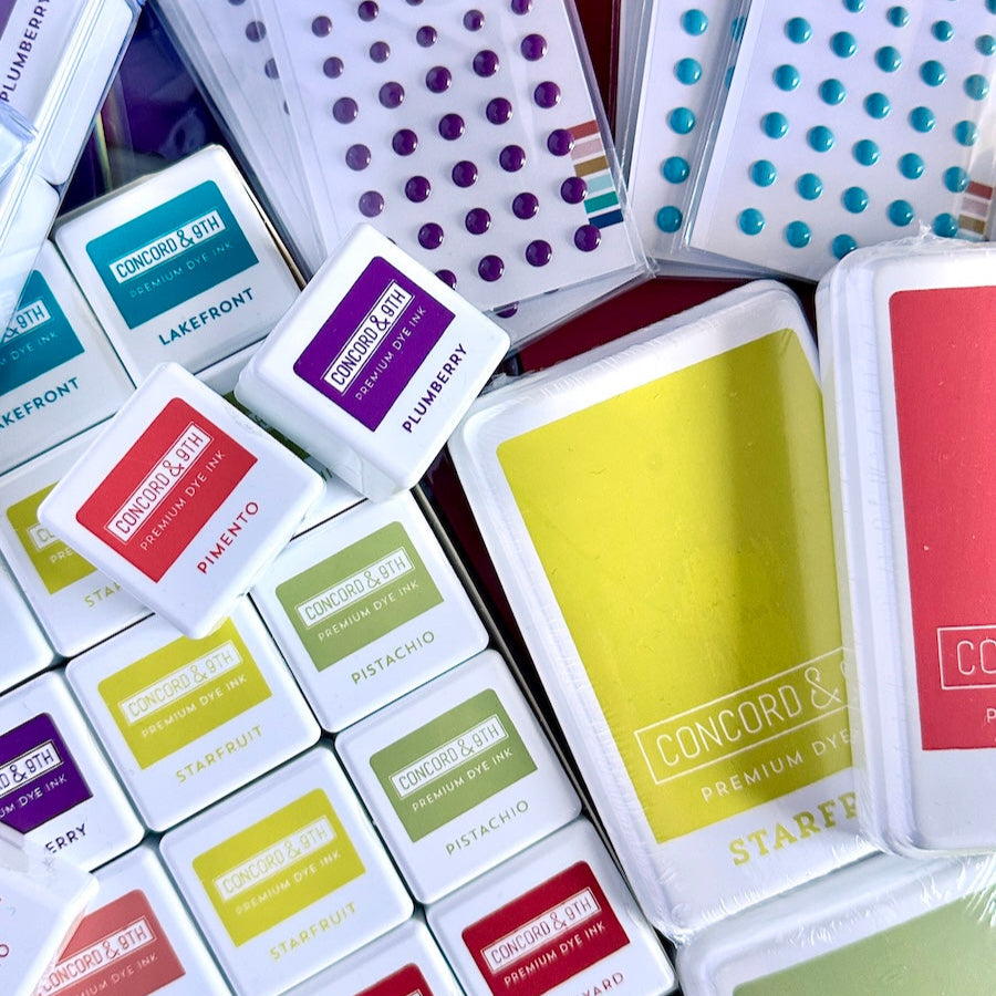 Collection of Concord & 9th dye inks and enamel dots in various colors.