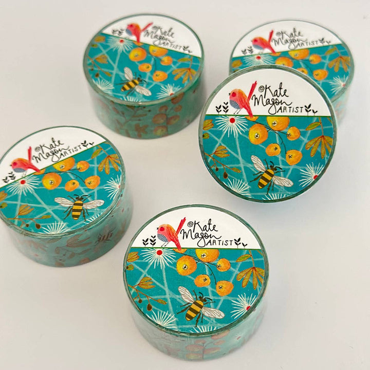 Five washi tapes decorative packaging floral and bee designs on a white background.