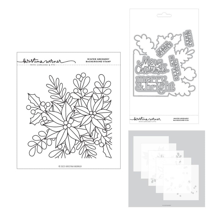 Concord & 9th - Kristina Werner - Winter Greenery Background Stamps Dies & Stencils Bundle