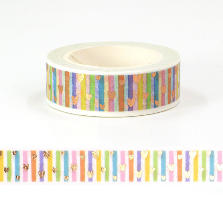 Washi tape - Rainbow stripes and rose gold foil hearts