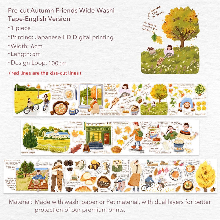Pre-cut Autumn Friends Wide Washi/PET Tape (English Version)