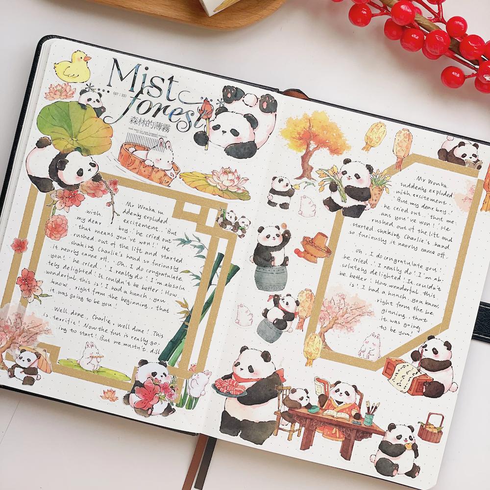 Panda Pilgrimage Washi Tape Sticker Set in a journal spread