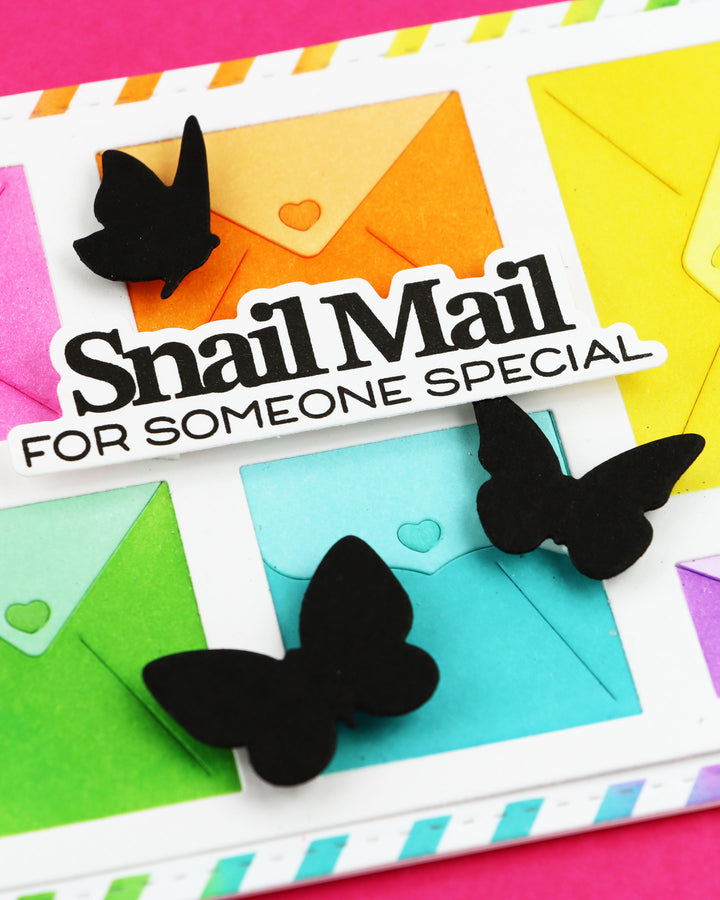 Waffle FLOWER postage collage envelopes die and stencil bright example card close up