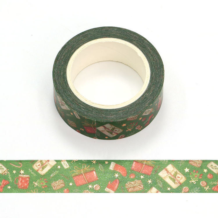 Christmas washy tape Green with red presence and stockings and candy canes