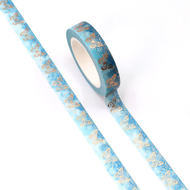 Washi Tape - Slim - Blue Butterflies - Rose Gold Foil