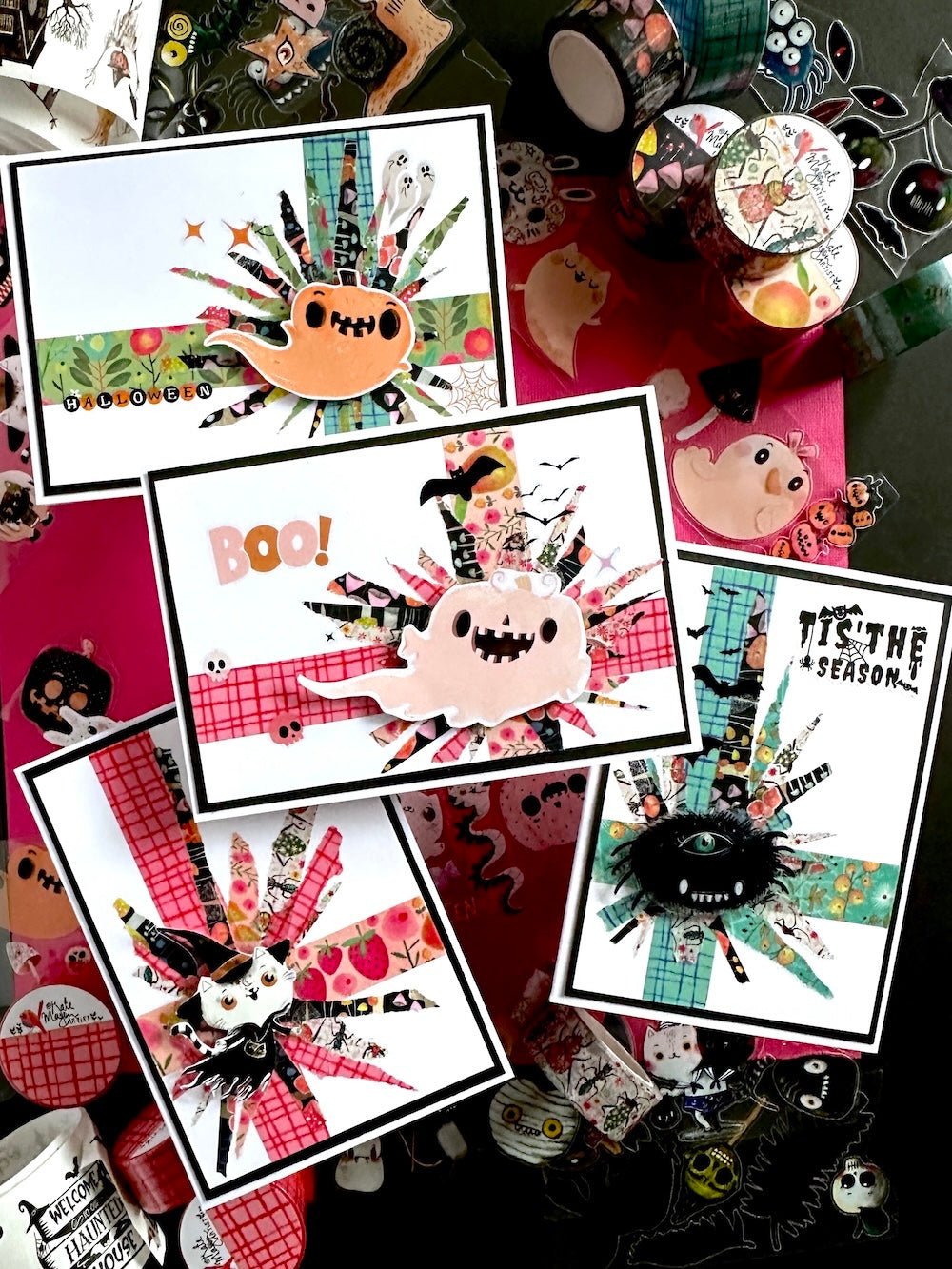 Halloween washi tape cards with a busy background of products