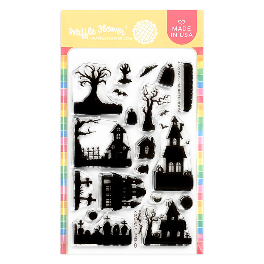 Waffle Flower Postage Collage Haunted House Silhouette Stamp Set - product packaging, front view