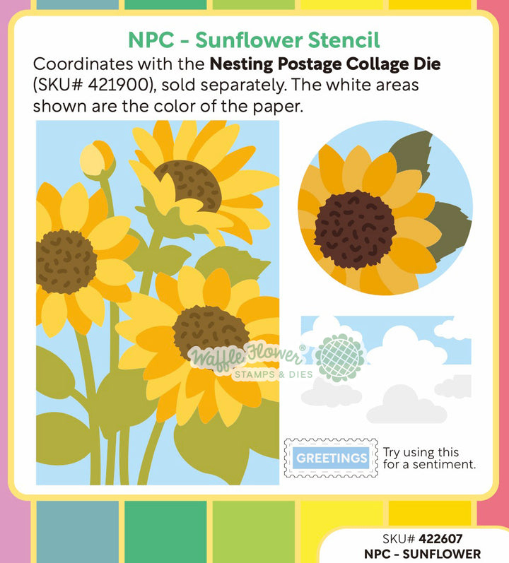 Waffle Flower NPC Sunflower Stencil - product packaging, back view