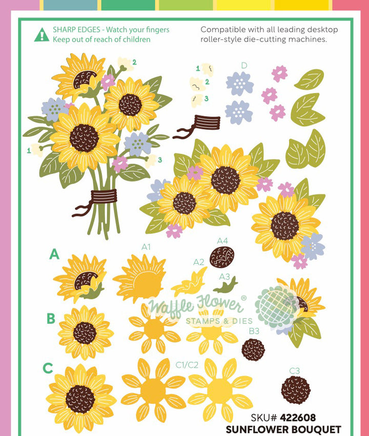 Waffle Flower Sunflower Bouquet Die - product packaging, back view