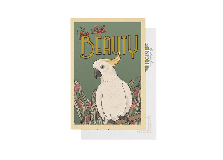 postcard with a cockatoo illustration and text on a white background