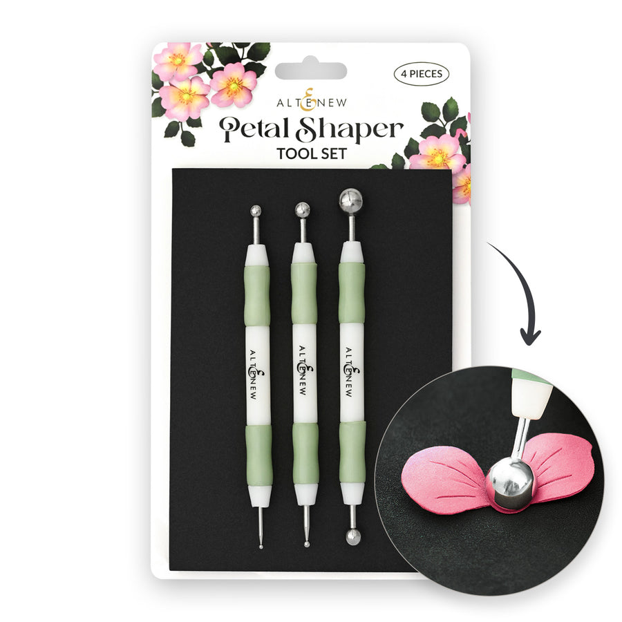 Petal shaper tool set with packaging featuring flowers on a white background