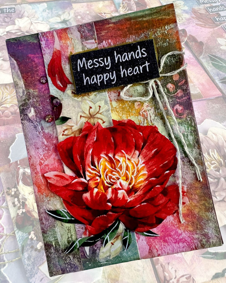 ATC Card with a red flower illustration and 'Messy hands happy heart' text on a colorful background.