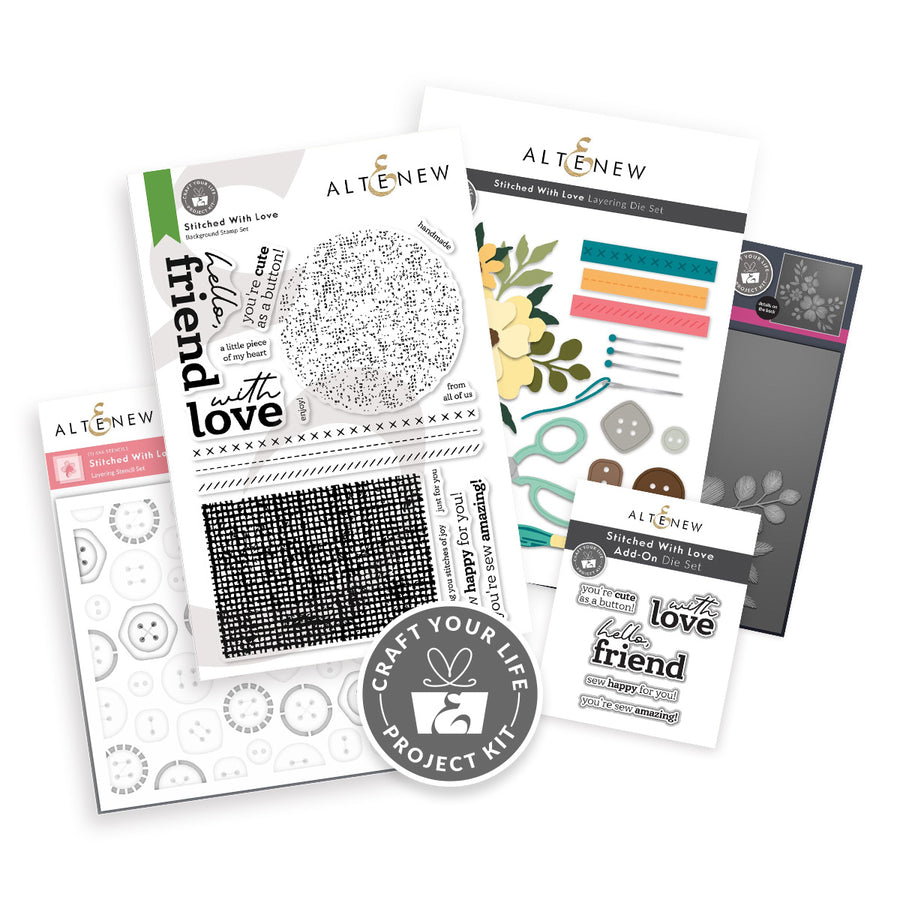 Collection of Altenew stitched with love craft products on a white background