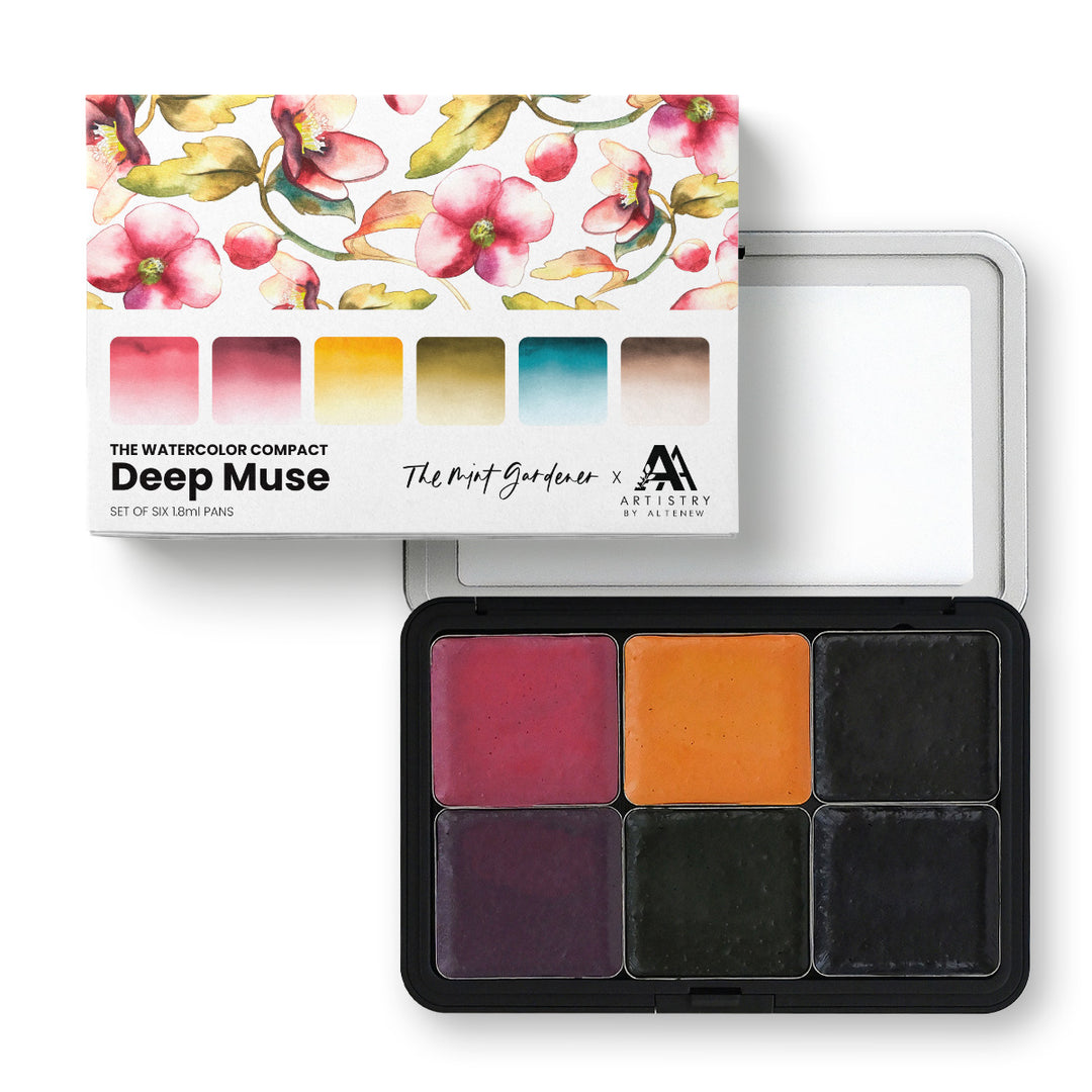 Watercolor compact palette with six colors and a floral design on the packaging.