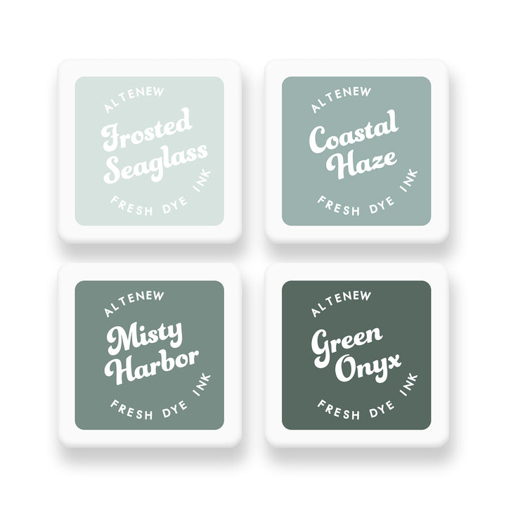 Four square containers of Altenew fresh dye ink with names on a white background