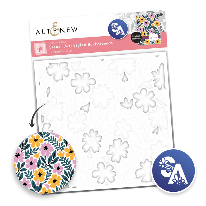 Altenew floral stencils with packaging on a white background