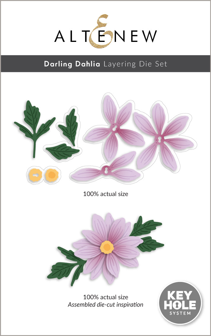 Altenew Darling Dahlia Layering Die Set packaging with floral and leaf cutouts on a white background.