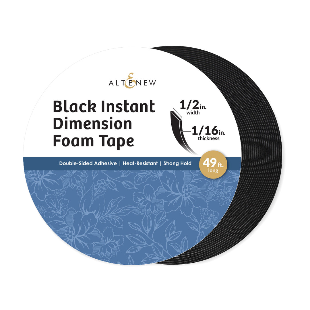 Black instant dimension foam tape with packaging details on a white background