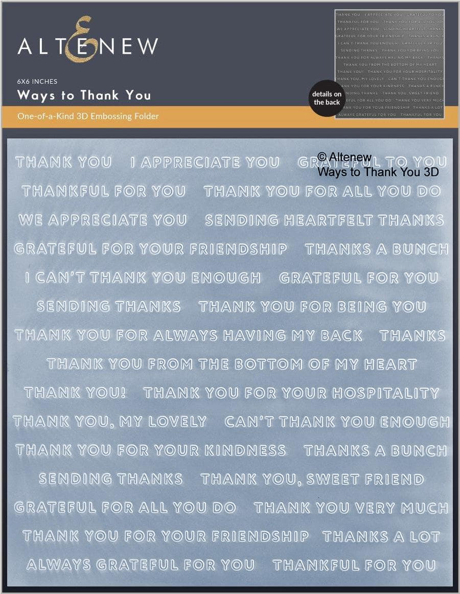 Altenew 'Ways to Thank You' 3D embossing folder with various thank you phrases on a blue background.