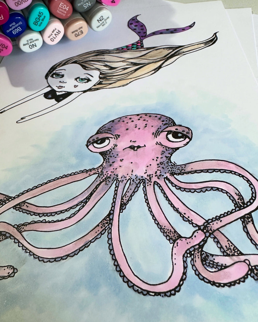 Art by Marlene Octopus stamp and mermaid coloured with alcohol markers