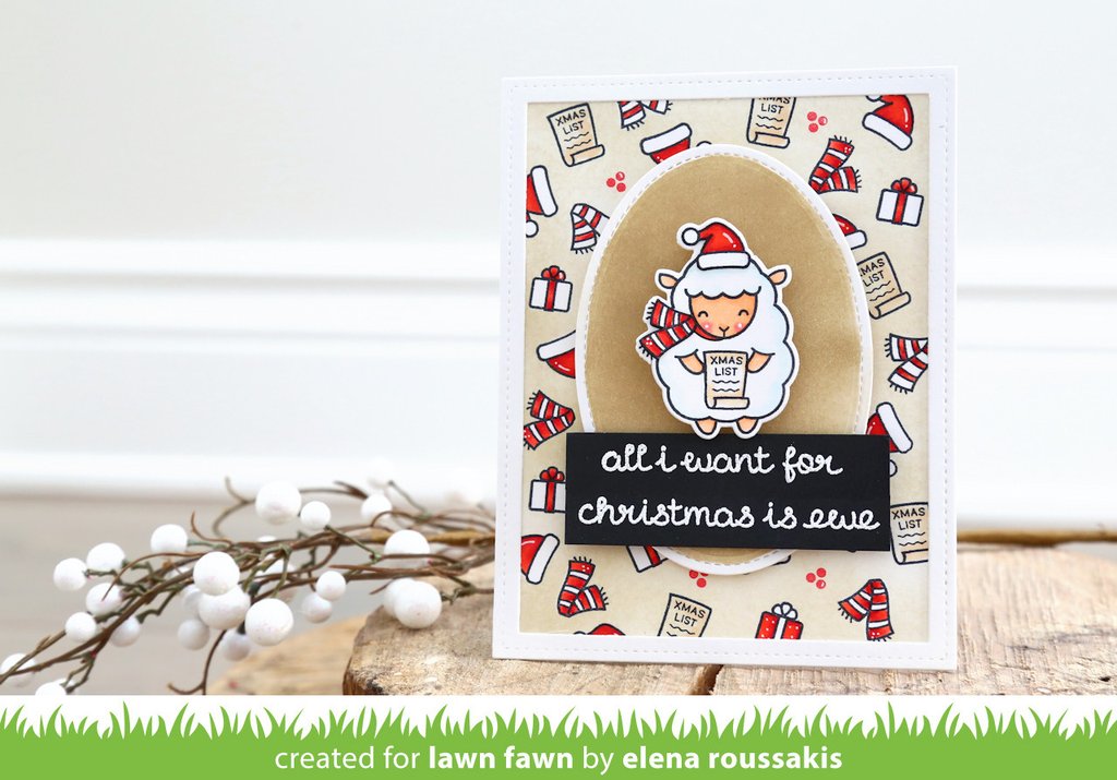Christmas-themed card with a sheep illustration and festive elements on a white background.
