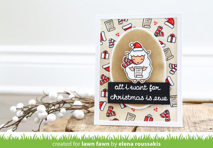 Christmas-themed card with a sheep illustration and festive elements on a white background.