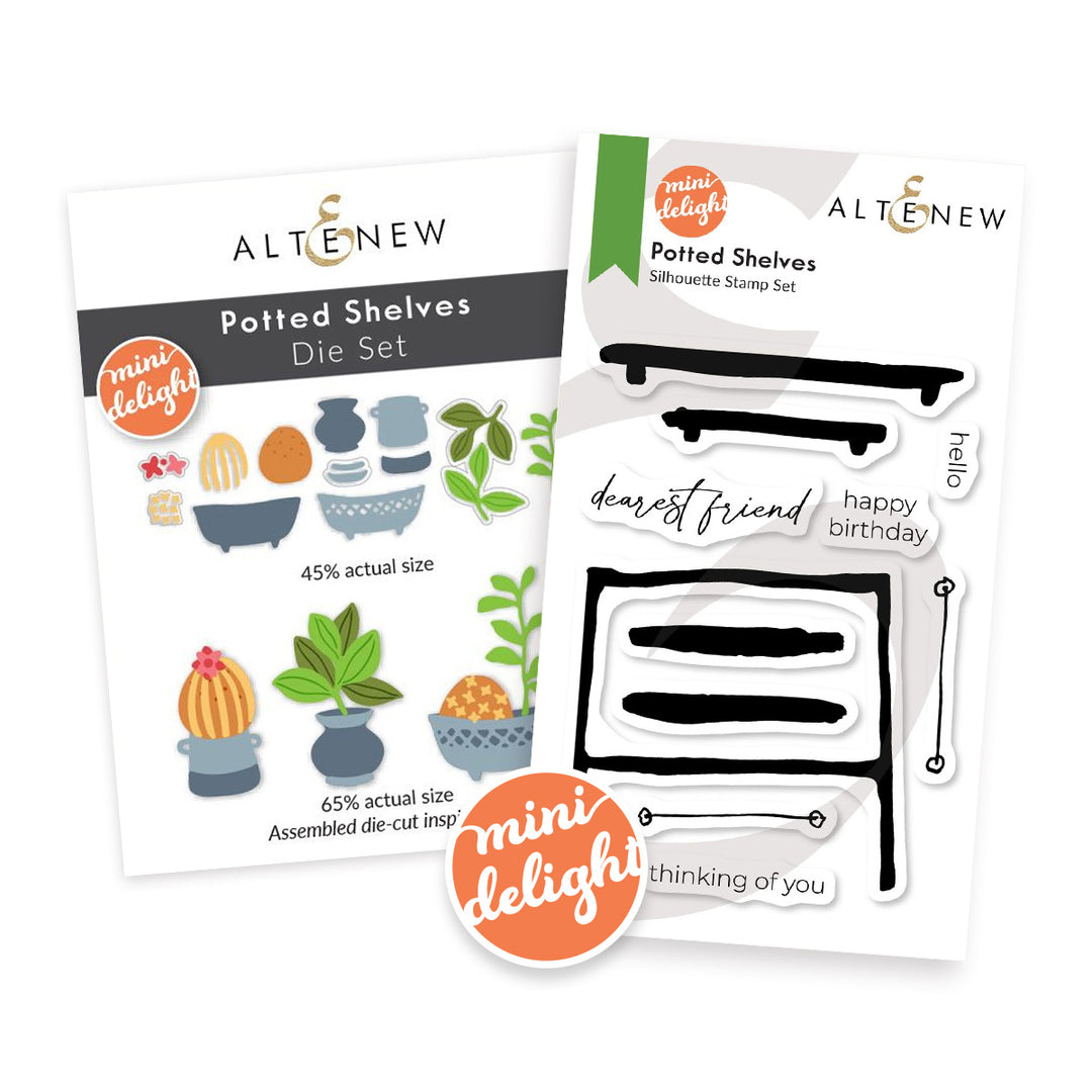 Altenew Potted Shelves Die Set and Stamp Set packaging on a white background