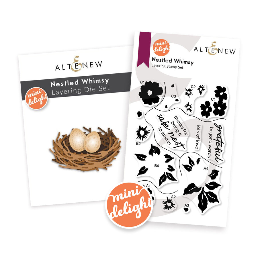 Altenew Nestled Whimsy Layering Die Set and Nestled Whimsy Layering Stamp Set on a white background