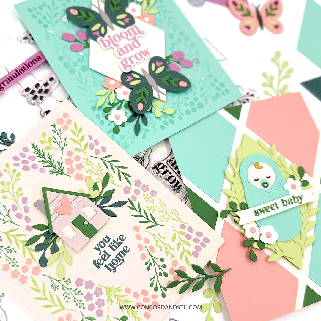 Three cards made with the Concord & 9th Bloom & Grow set: butterflies with 'bloom and grow', a house with 'you feel like home' and a swaddled baby with 'sweet baby'.