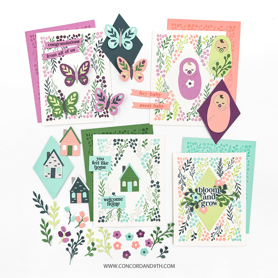 Examples made with the Concord & 9th Bloom & Grow set: butterflies, swaddled babies, little houses and sentiments like 'welcome home' and 'hey baby'.