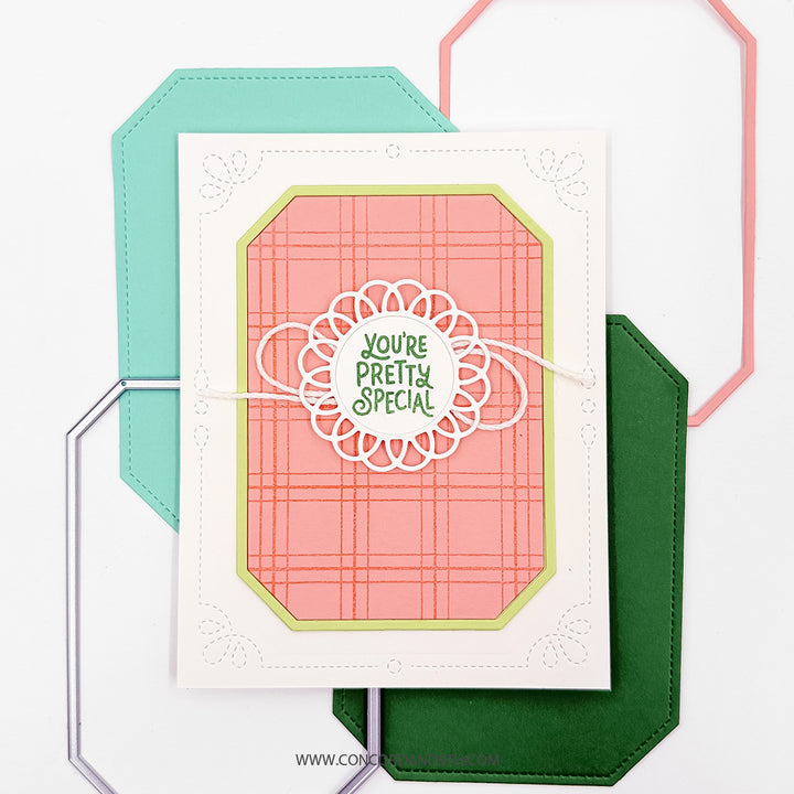 A card made with the Concord & 9th Essential Labels & Frames Dies: a coral plaid label panel with a white doily circle saying 'You're pretty special' and a twine bow.
