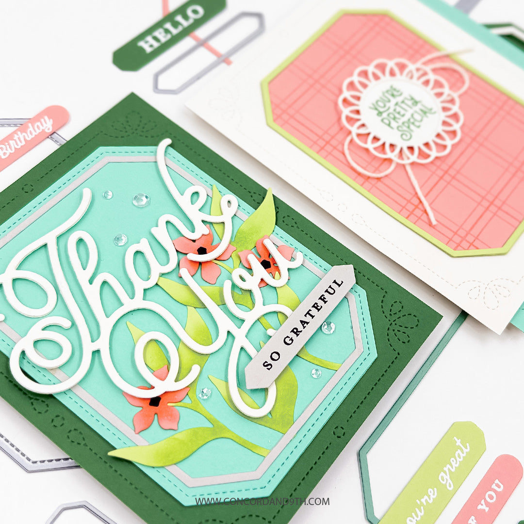 Close-up of two cards made with the Concord & 9th Essential Labels & Frames Dies: a 'Thank You' card with coral flowers and a 'You're pretty special' card with a plaid panel.