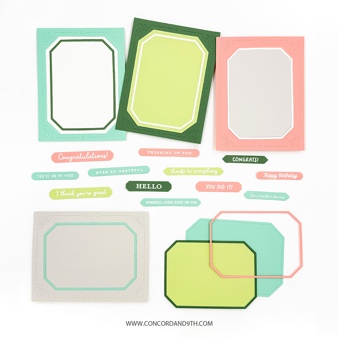 Examples made with the Concord & 9th Essential Labels & Frames Dies: label frames in mint, green, coral and grey with sentiment strips like 'Congratulations' and 'You did it!'