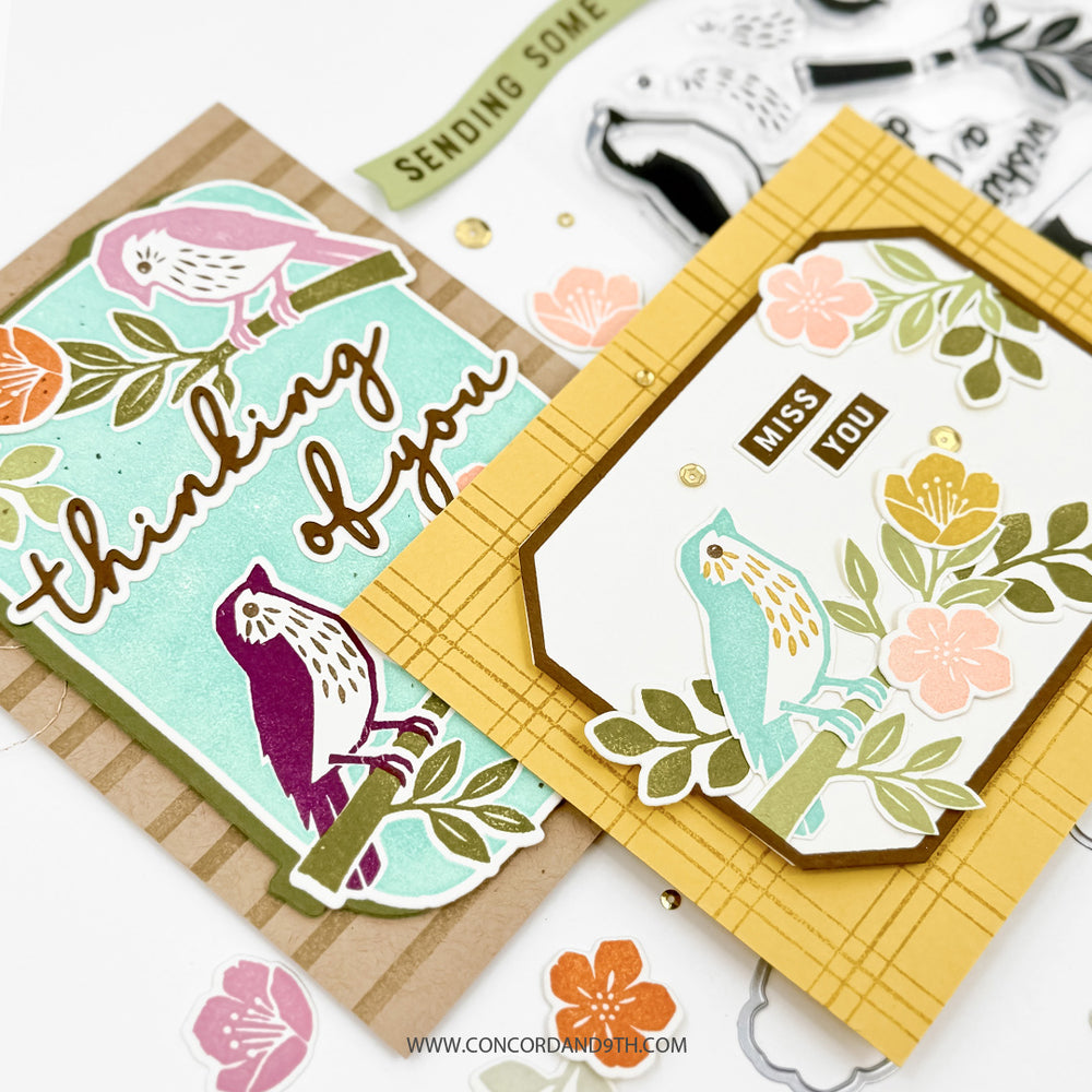 Close-up of two cards made with the Concord & 9th Finch Friends set: a 'thinking of you' card with two birds and a 'miss you' card with a blue bird.