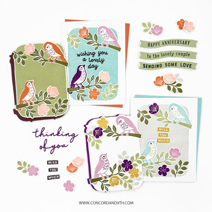 Examples made with the Concord & 9th Finch Friends set: bird panels with flowers and leaves, and sentiments like 'wishing you a lovely day' and 'Happy Anniversary'.