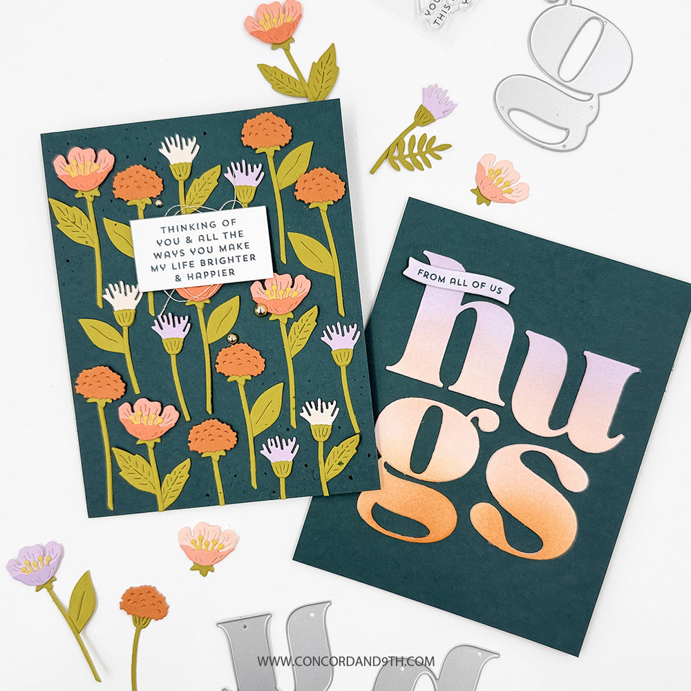 Two cards made with the Concord & 9th Floral Embrace set: tall coral and lilac flowers on dark teal, and an ombre pink to orange 'hugs'.