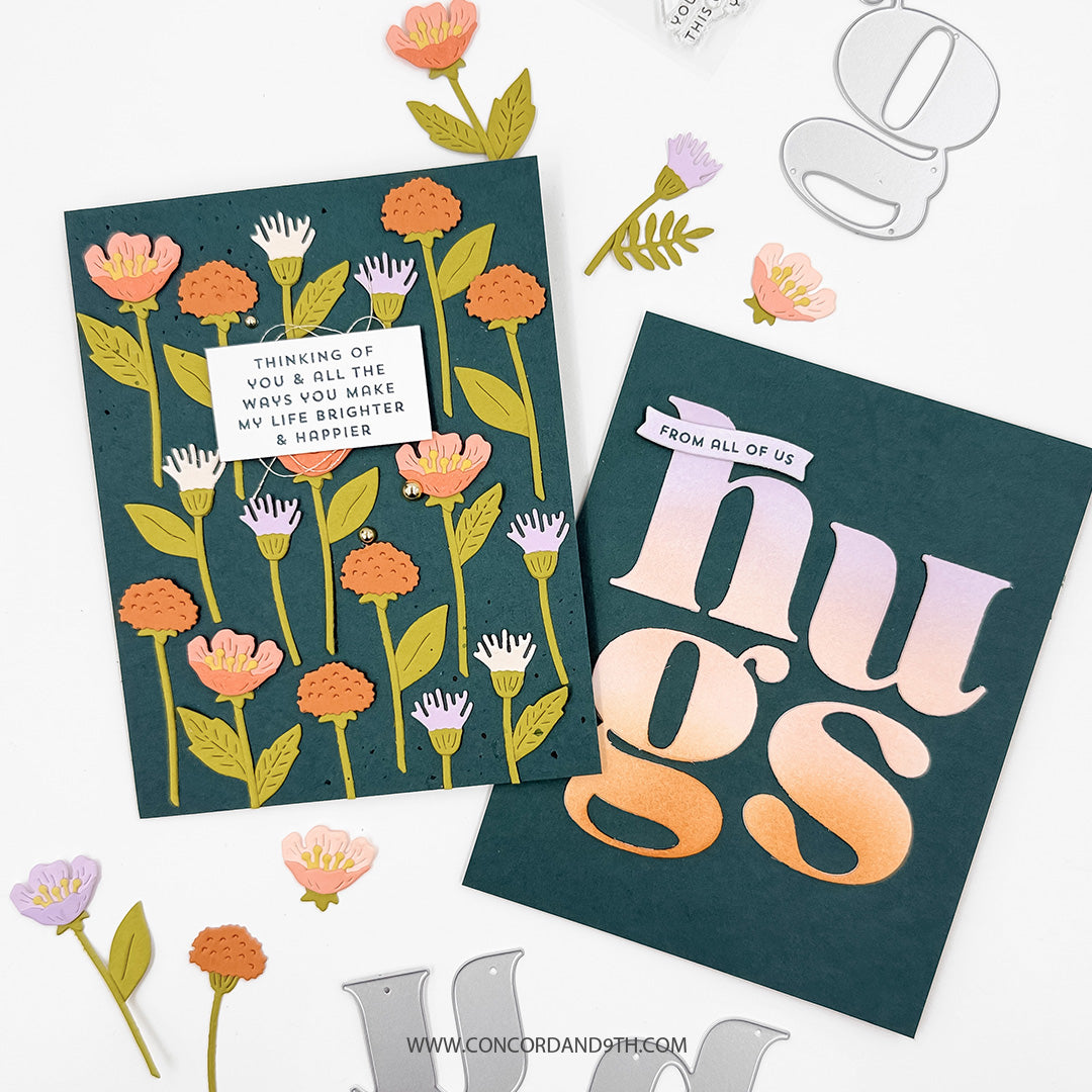 Two cards made with the Concord & 9th Floral Embrace set: tall coral and lilac flowers on dark teal, and an ombre pink to orange 'hugs'.