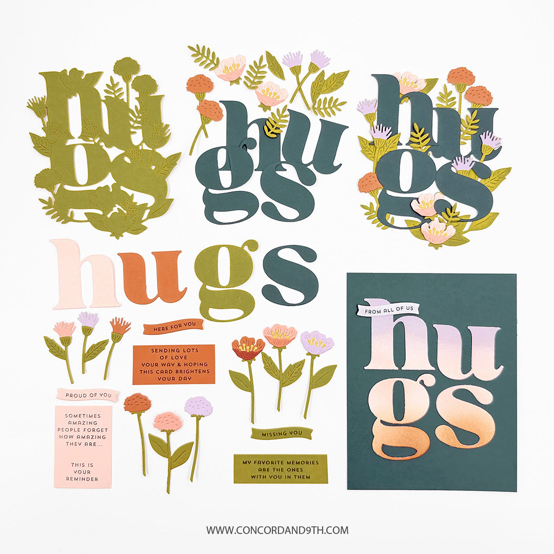 Examples made with the Concord & 9th Floral Embrace set: the word 'hugs' cut in olive, teal, pink and orange, with flowers and sentiment strips.