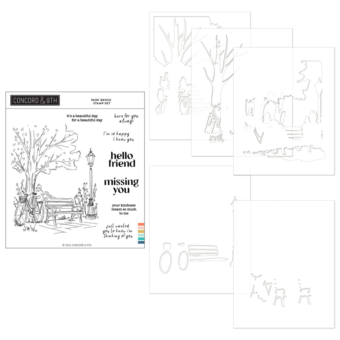 Concord & 9th Park Bench Bundle (Stamps & Stencil) in its packaging