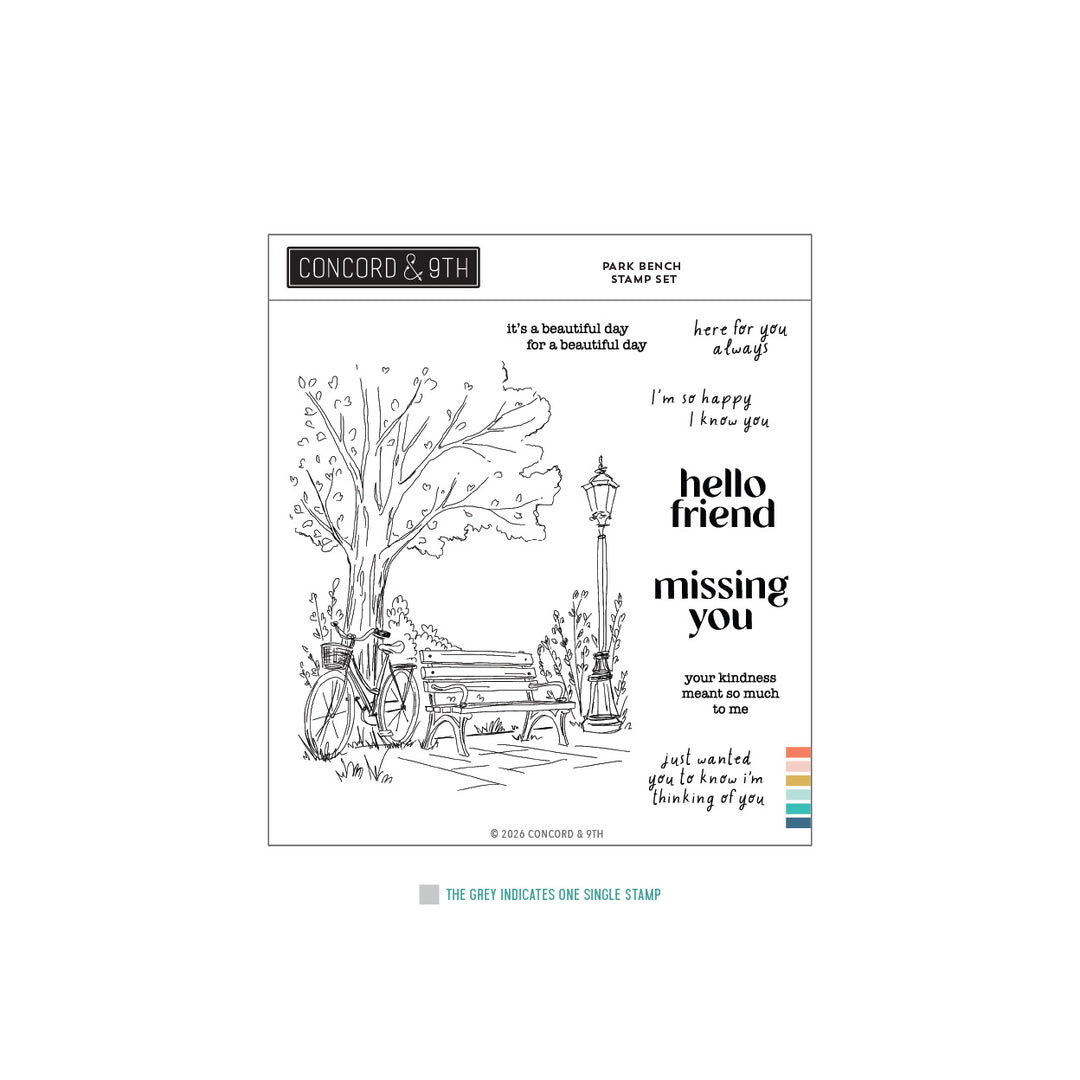 Concord & 9th Park Bench Stamp Set in its packaging