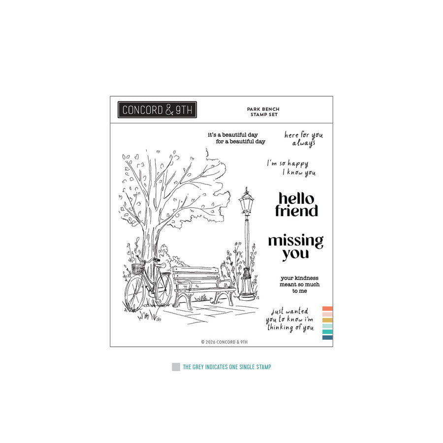 Concord & 9th Park Bench Stamp Set in its packaging
