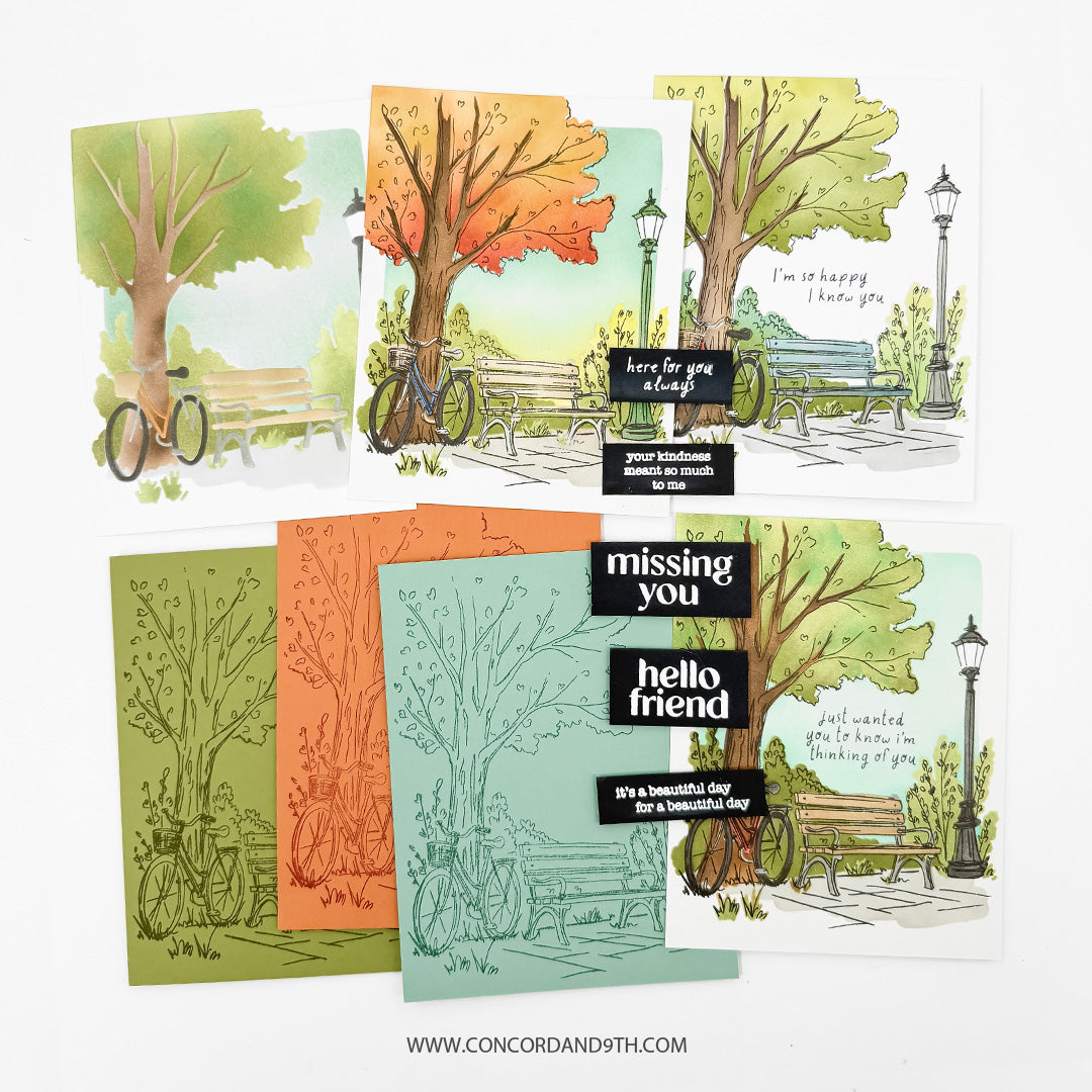 Examples made with the Concord & 9th Park Bench set: park scene panels in watercolour and on green, orange and mint card, with sentiments like 'hello friend'.