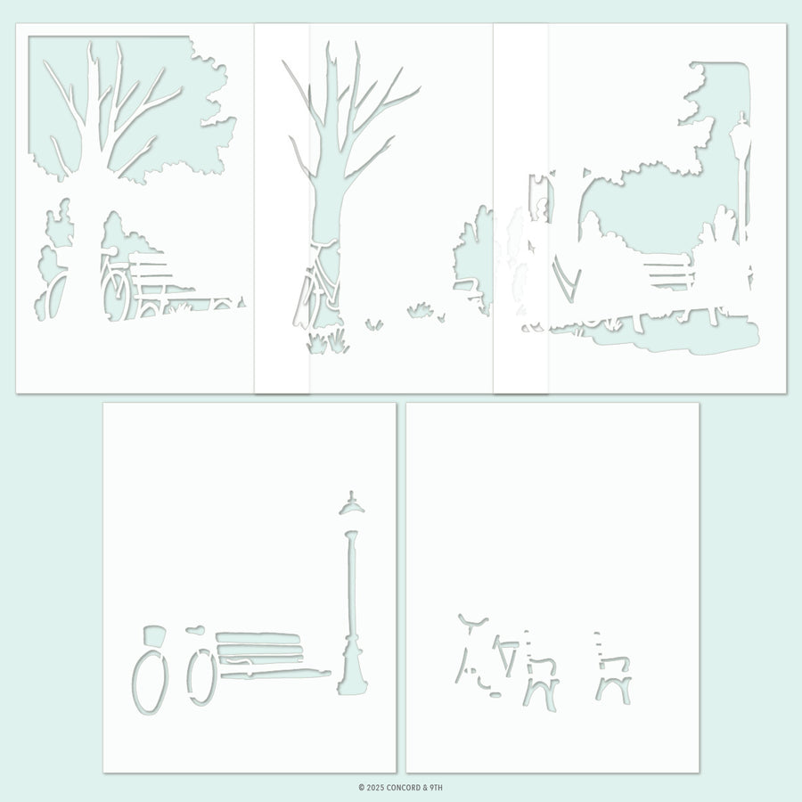 Concord & 9th Park Bench Stencil Pack in its packaging