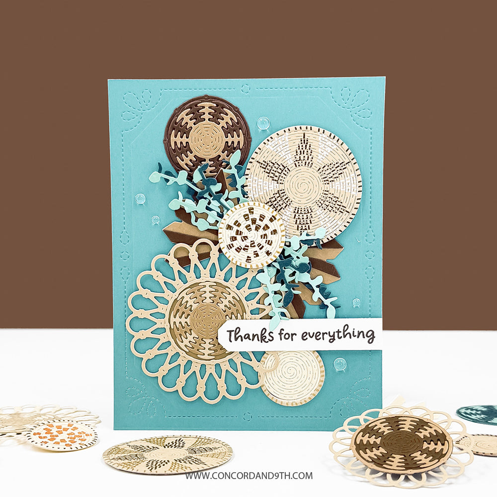 A card made with the Concord & 9th Woven Words set: woven basket circles in brown and cream with light blue leaves and 'Thanks for everything' on blue.