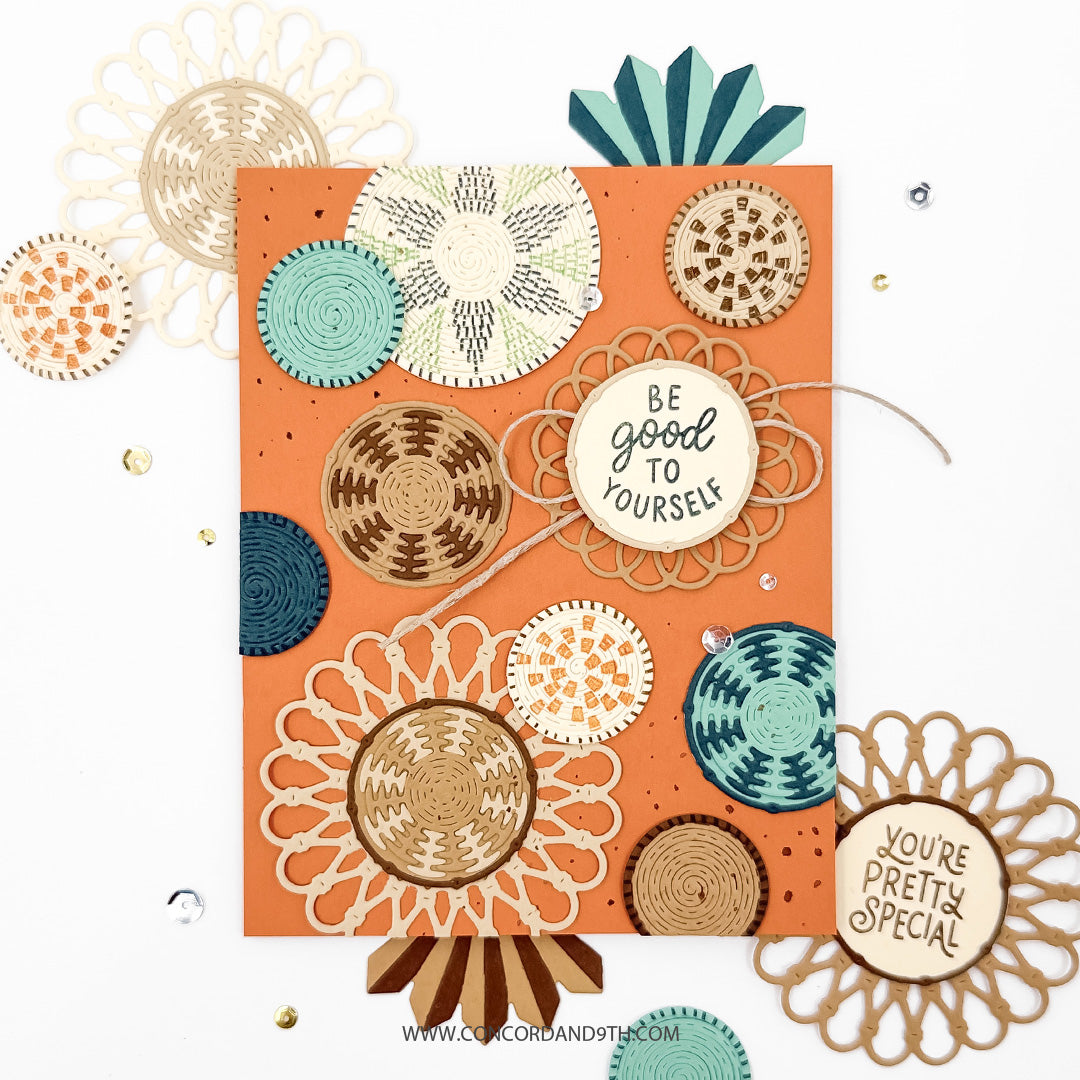 A card made with the Concord & 9th Woven Words set: woven basket circles in brown, cream and teal with 'Be good to yourself' on orange.