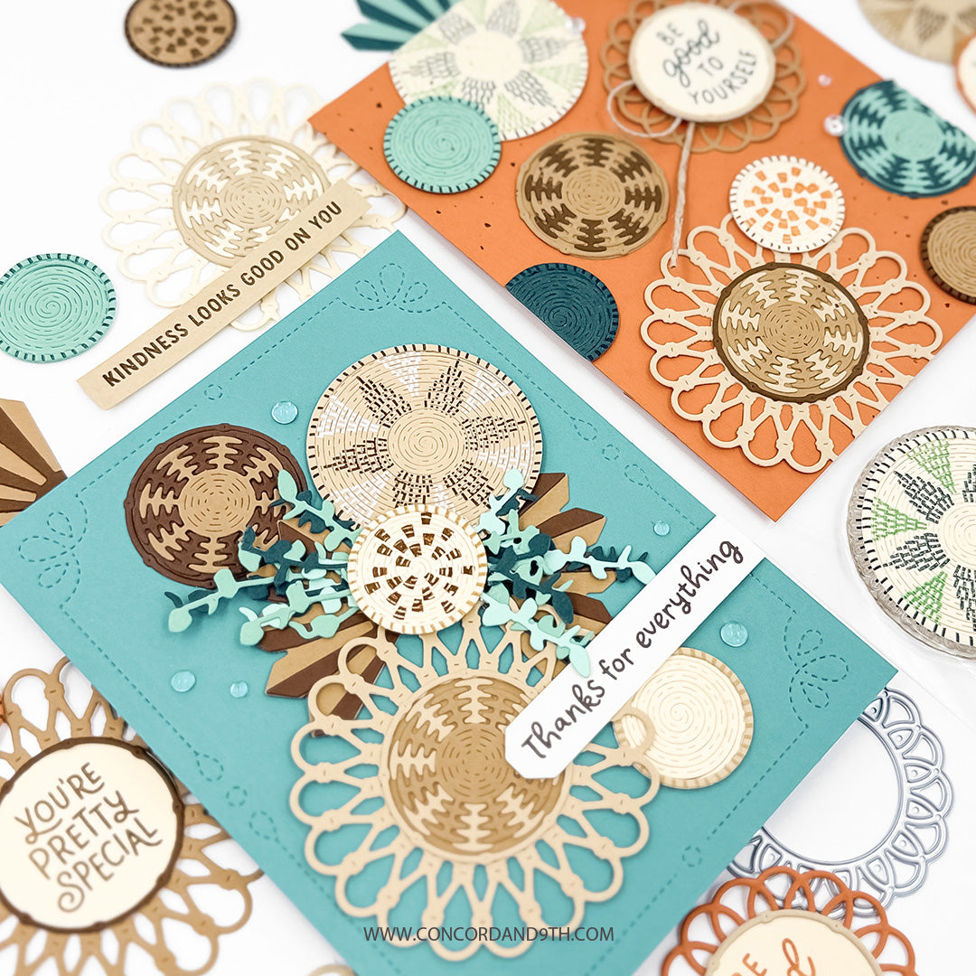 Close-up of two cards made with the Concord & 9th Woven Words set: a blue 'Thanks for everything' card and an orange 'Be good to yourself' card with woven basket circles.