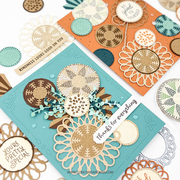 Close-up of two cards made with the Concord & 9th Woven Words set: a blue 'Thanks for everything' card and an orange 'Be good to yourself' card with woven basket circles.