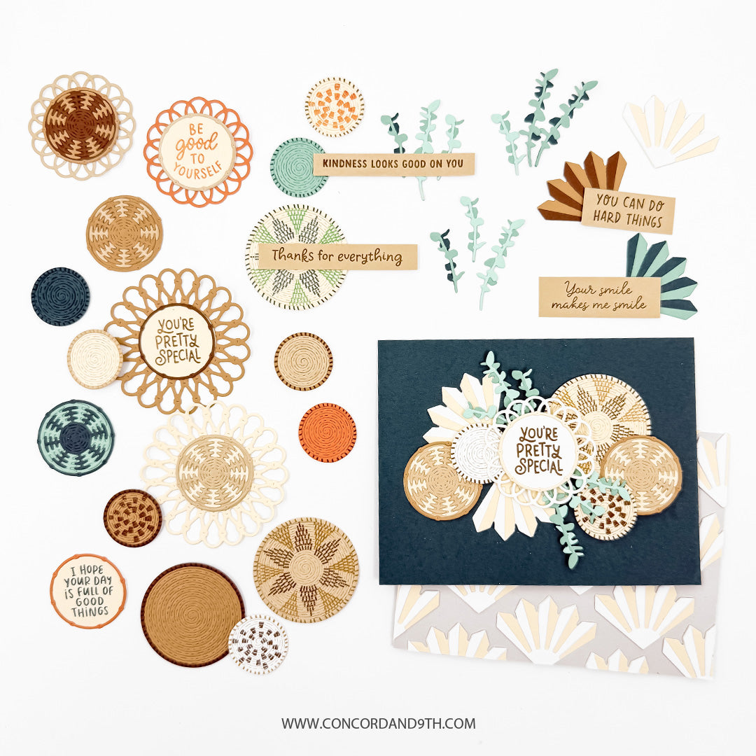 Examples made with the Concord & 9th Woven Words set: woven basket circles with sentiments like 'You're pretty special' and 'Kindness looks good on you'.