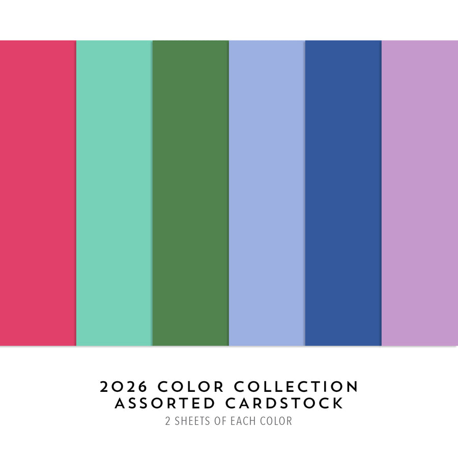 Assorted cardstock colors with a color swatch and text indicating '2026 Color Collection' and 'Assorted Cardstock'.